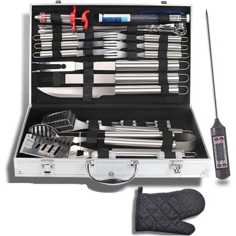 Ensemble d'ustensiles de barbecue 32 pièces – Acier inoxydable – Thermomètre à viande et injecteur – Rangement pratique pour grillades