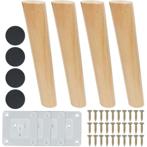 Lot de 4 pieds de meuble en bois massif 25cm – Accessoires inclus – Patins antidérapants et vis – Pour canapés, tables et meubles TV