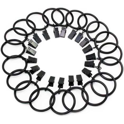 20 Pièces Anneaux de Rideau avec Pince, Anneaux de Suspension de Rideaux en Acier Inoxydable avec des Clips pour Rideau Photos Décoration, 38mm Diamètre Intérieur (Noir)