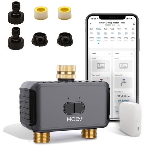 Programmateur arrosage WiFi 2 zones – Entrée et sortie en laiton – Protection IP55 – Commande via application mobile – Délai de pluie 1 à 7 jours
