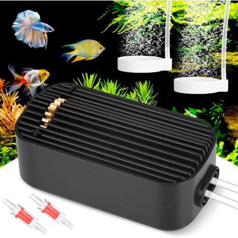 Pompe à air pour aquarium, oxygénateur ultra-silencieux 5 W, pompe à air réglable pour aquarium, pompe à oxygène à double sortie avec pierre à bulles et clapet anti-retour