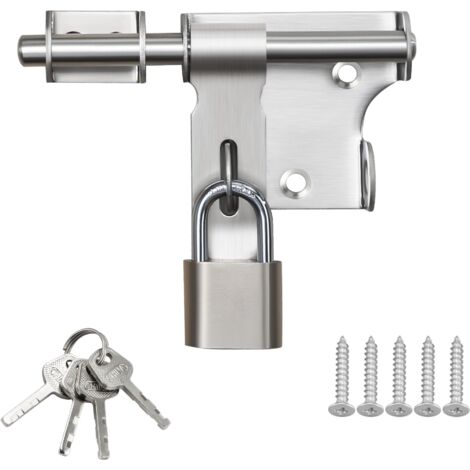 Verrou Porte Exterieur Loquet Porte Exterieur, 12CM Verrou Porte Interieure avec Cadenas, Verrou Porte Coulissante Brossé en Acier Inoxydable pour Portail, Jardin, Cabanon, (1/5)