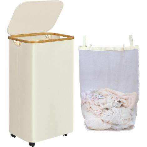 Panier à Linge sur Roues 100L, des Panier Linge Sale très Grands pour Lessive avec un sac Intérieur Amovible et Lavable, un Corbeille a Linge haut avec un Couvercle Pour les Serviettes (Beige)