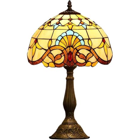 19in Hauteur Style Tiffany Lampes de table/Baroque Lampe Bureau LumièRe，Abat-Jour De Nuit Vitrail Faitmain à La Main Et RéSine Corps,Chambre Lampe De Chevet Européenne Accent Pastoral Vintage Salon