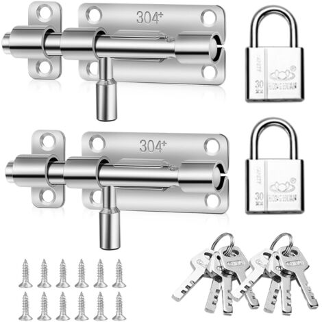 Lot de 2 verrous de porte en acier inoxydable avec cadenas, loquet de portail coulissant pour portails en bois, verrous de porte pour salle de bain, chambre à coucher, jardin, abri de jardin, garage (1/5)