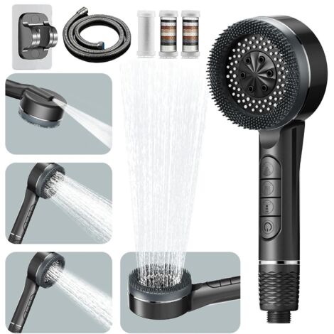Pommeau deouche Haute Pression, Pommeau Douche Economie Deau 4 Types de Jets Pommeau de Douche Anti Calcaire avec Tuyau Douche 1.5M et Support de Douche, avec Bouton D'arrêt D'eau,Gris [Classe énergét (1/5)