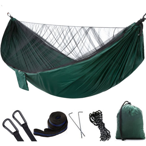 Hamac de Camping avec Moustiquaire, Hamac d'extérieur 2 Personnes,300 kg Capacité de Charge hamac, Ultra-léger Nylon à Parachute à séchage Rapide, Convient au Camping en Plein air(vert foncé,290 x 140