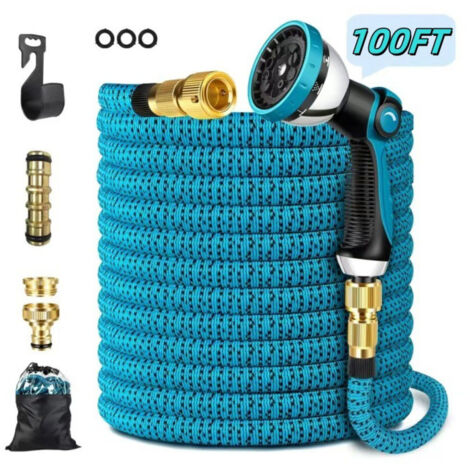tuyau arrosage extensible, tuyau d'arrosage avec 10 buses de pulvérisation, connecteur en laiton, tissu 3750D, tuyau extensible avec noyau en latex à 4 couches-30m/100ft (1/5)