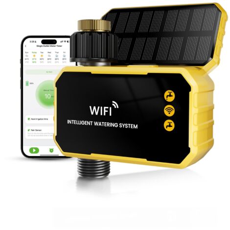Minuterie d'arrosage WiFi – Alimentation solaire – Vanne en laiton – Commande vocale Alexa/Google – 1 zone – Étanche IP66