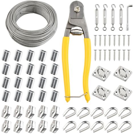 50m Serre Cable Acier, 67 Pcs Kit Gaine Cable 3mm 7x7 avec 4 Tendeur Cable, 20 Boucles Sertissage, 10 Cosses Cable, 10 Pinces, 4 Crochets Muraux, Clé, Coupe Fil, Cable INOX Rideau Fil Corde a Linge