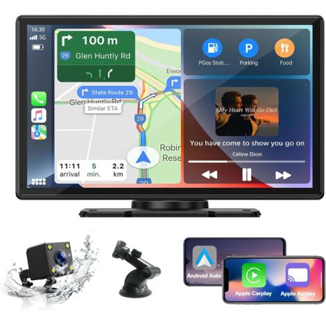 Autoradio Carplay sans Fil,Android Auto avec écran Tactile IPS de 9 Pouces, Portable Moniteur avec Caméra Externe, Bluetooth, WiFi, GPS/FM/Siri/Google/AirPlay