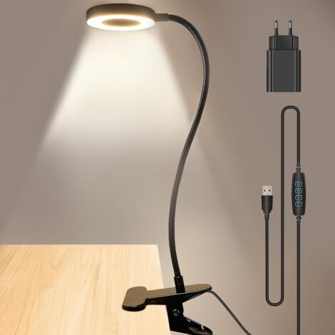Lampe Clips,Lampe de Bureau LED,3 Modes de Couleurs&10 Niveaux de Luminosité,Lampe à Pince avec Chargeur USB,Lampe de Lecture pour Lire et Travailler,Lampe de bureau avec protection des yeux