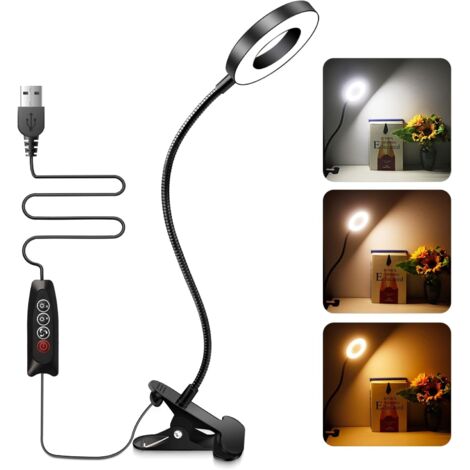 USB Lampe de Bureau Noire à Pince, 48 LED, 3 Couleurs et 10 Intensités Variable, Lampe de Lecture pour Lire au Lit, Clip Lampe col de Cygne Flexible, LED Tattoo Lampe Extension de Cils [Classe énergét