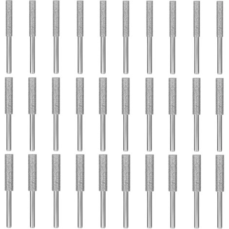 Affûteur de Tronçonneuse Diamant, 30 Pièces Affûteur de Tronçonneuse, Gabarit Affutage Chaine, 3 Tailles 4mm 4.8mm 5.5mm Pierres D'affûtage, pour L'affûtage et le Meulage, Argent (1/5)
