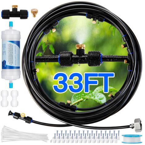 Brumisateurs pour terrasse extérieure avec filtre à eau - Système de brumisation de 33 pieds (10 m) Ligne 9 Buses de brumisation en laiton Adaptateur en laiton (3/4") Brumisateurs pour terrasse pour r (1/5)