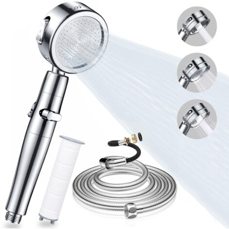 Pommeau de Douche, Douchette Douche Salle de Bain Economie d'eau 3 Types de Jets Réglable, Haute Pression Pomme de Douche avec Tuyau 2m et Filtre, Pommeau Douche Anti Calcaire Rotative à 360°, Argent (1/5)