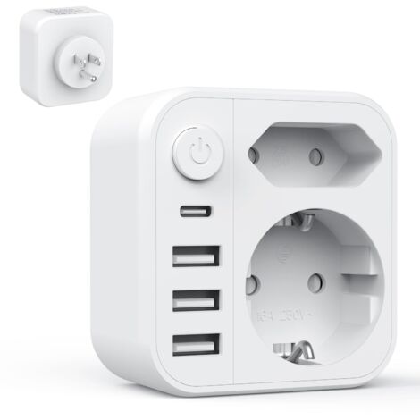 Adaptateur de voyage 6 en 1 France vers USA Canada – 3 ports USB-A, 1 USB-C, 2 prises AC – Charge simultanée jusqu'à 6 appareils