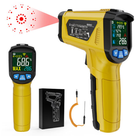 Thermomètre Infrarouge Laser et Sonde Pistolet IR Temperature Sans Contact LCD -50°C800°C Réglable Alarme d'émissivité Point de Rosée Cuisine Barbecue Congélateur Aliments industriel (1/5)