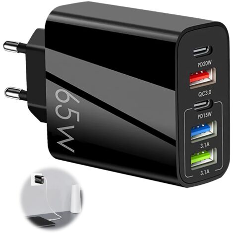 Chargeur USB C 65W 5 Ports Prise Chargeur USB Multiple Chargeur Rapide avec Double QC 3.0+PD 3.1A Type C Fast Charger Universel Secteur Adaptateur pour iPhone 15 14 13 12 11 Pro Max Samsung Xiaomi (1/5)