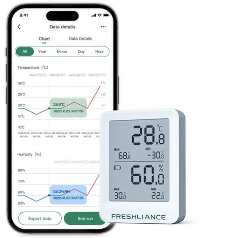 Enregistreur de température et d'humidité BT, contrôle APP pour téléphone portable Stockage de données de grande capacité avec exportation de données Rapport PDF/CSV Fonction de génération