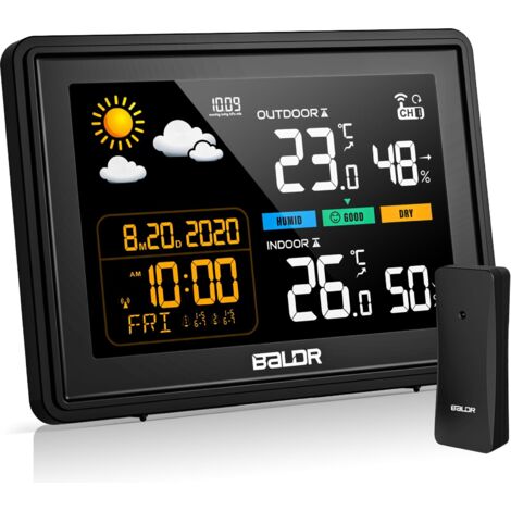 Station météo radio avec capteur extérieur, température intérieure et extérieure, humidité de l'air, station météo radio-pilotée avec prévisions météorologiques, baromètre, écran couleur