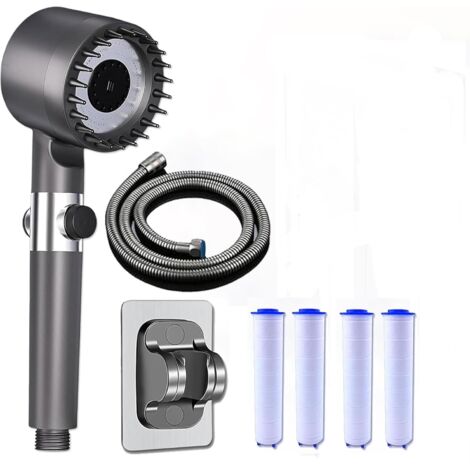 Pommeau de Douche Haute Pression, Pommeau Douche Economie Deau 4 Types de Jets Pommeau de Douche Anti Calcaire avec Tuyau Douche 1.5M et Support de Douche (1/5)