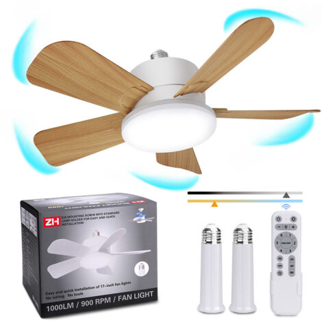 Ventilateur à douille avec télécommande, 3 couleurs 3000K-6500K, ampoule LED à intensité variable pour base E26/E27, petit ventilateur de plafond avec rallonge de douille, petit ventilateur de plafond