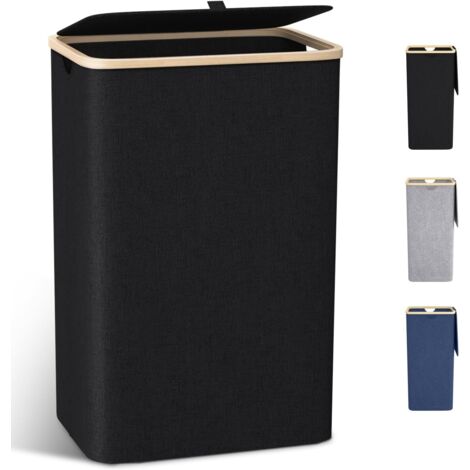 Panier à Linge avec Couvercle,100L Grand Corbeille à Linge avec Poignées en Bambou, Bac a Linge Laundry Basket Pliable XXL Pliable avec Sac Amovibles en Tissu Oxford,Noir