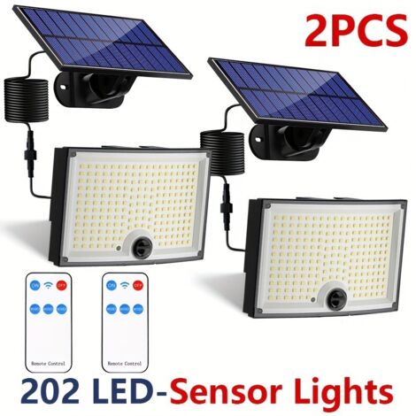Lampes solaires d'extérieur 202 LED avec détecteur de mouvement, étanchéité IP65, angle d'éclairage 120 °, Lot de 2 applique murale solaire pour jardin avec câble de 5 m [Classe énergétique D] (1/5)