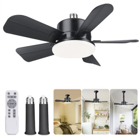 Ventilateur à douille avec télécommande, 3 couleurs 3000K-6500K, ampoule LED à intensité variable pour base E26/E27, petit ventilateur de plafond avec rallonge de douille, petit ventilateur de plafond
