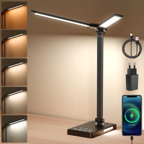 Lampe de bureau LED double tête – 76 perles LED – 5 niveaux de luminosité – 5 modes de couleur – Port USB – Minuterie 45 minutes