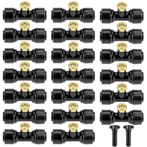 Lot de 20 buses de brumisation en laiton avec 20 tés de buse de brumisation et 2 bouchons d'extrémité pour système de refroidissement extérieur et système de brumisation de terrasse
