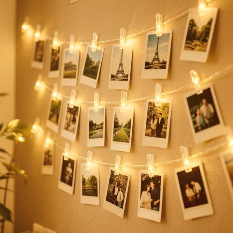 Guirlande Lumineuse Photo, 10M 80LEDs Guirlande Photo Avec 800 Photo Clips, Guirlandes Lumineuses à Piles Decoration Blanc Chaud pour Accroche Photo, Chambre à Coucher Fête, Mariage, Noël [Classe éner (1/5)