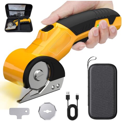 Ciseaux électriques sans fil : coupe-carton rotatif rechargeable 4 V, batterie 3 000 mAh, avec éclairage LED, 2 lames, coupe-carton pour tissu, moquette, carton, plastique, cuir, tissu (jaune) (1/5)
