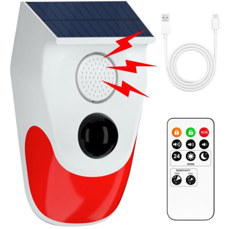 Systèmes de sécurité pour la maison, alarme solaire avec détecteur de mouvement, alarme extérieure résistante aux intempéries, 120 dB, 24 heures, 3 modes pour la maison, la ferme, la villa, (1/5)