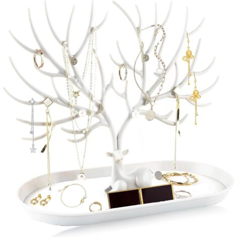 Arbre Porte Bijoux,Support Bijoux en Plastique,Arbre à Bijoux Décoratif avec Plateau à Bijoux,Deer Présentoir à Bijoux pour Boucles d'Oreilles pour Colliers, Chaînes, Montres,Bracelets(Blanc)