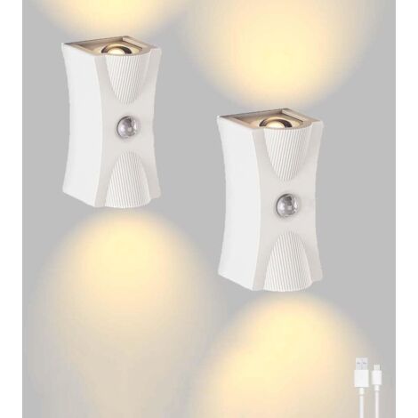 Applique murale LED avec détecteur de mouvement, Lampe murale rechargeable avec 3 modes (AUTO/ARRÊT/ON), Eclairage mural rechargeable USB-C Up Down éclairage Lampe sans fil, Blanc,2 piece (1/5)