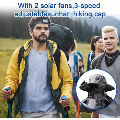 Chapeau Solaire Avec Ventilateur - Large Bord, 2 Ventilateurs Amovibles, Charge Solaire Ou USB, Pour Randonnée, Jardinage