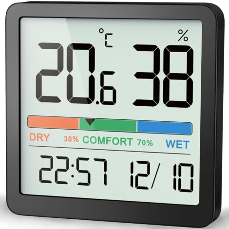 Hygromètre Thermomètre d'intérieur, thermomètre numérique de bureau avec moniteur de température et d'humidité, thermomètre d'ambiance à jauge d'humidité précise (1, Noir, 8cm) (1/5)