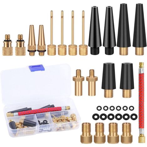 33 Pièces Embout Pompe Velo Set, Adaptateur de Pompe à Vélo avec Boîte de Rangement, DV SV AV Adaptateur Pompe Velo avec Tuyau de Gonflage pour Vélo, Pompe à Vélo et Compresseurs Pompes (1/5)