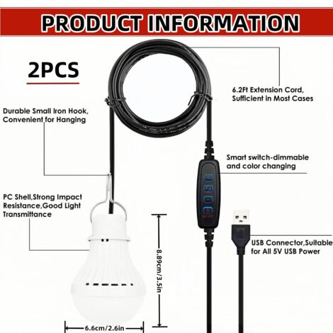 Lot De 2 Lampes De Camping, 2400 Mah Led Rechargeables, Lampes Solaires Alimentées Par Usb Pour