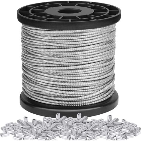 Câble métallique en acier inoxydable de 1/16 - 100 m - 1,5 mm - Câble métallique à suspendre - Noyau de 7 x 7 brins - Résistance à la rupture : 167 kg - Avec 100 manchons en aluminium