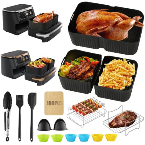 Ensemble d'accessoires pour friteuse à air 20 pièces – Moules en silicone 10,4L + 2 x 5,2L – Grille barbecue en inox – Compatible Ninja Foodi Flex