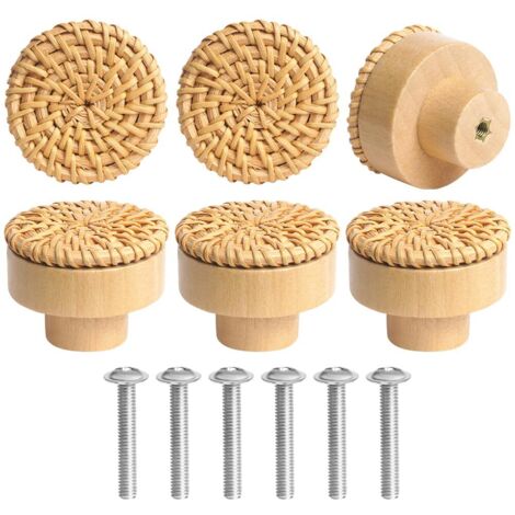 6 pcs Boutons de Meuble en Rotin Bois, Poignée Meuble, Boutons de Portes pour Placards, 40 mm Poignet de Tiroir, pour Décoration D'intérieur, Placard, Penderie, Tiroir, Armoires de Cuisine (1/5)