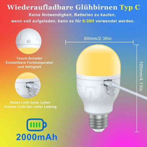 Ampoule Rechargeable avec télécommande, ampoule de secours LED alimentée par batterie 7W, 3 températures/minuterie de couleur, 2 pièces 39 Ampoule Rechargeable avec télécommande, ampoule de secours LED alimentée par batterie 7W, 3 températures/minuterie de couleur, 2 pièces 39