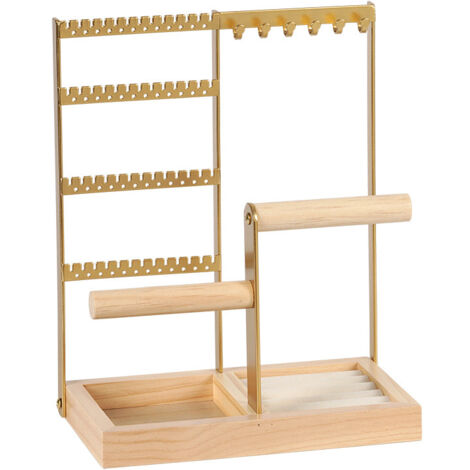 Porte bijoux en métal et bois – Présentoir 4 étagères – Crochets pour colliers et plateau pour petits accessoires – Pour bijoux et montres