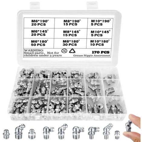 170 Pièces Graisseur a Visser, Kit Assorti de Graisseur Métriques M6 M8 M10 Raccords de Graisse Graisseurs Droit et Angle 45° 90° Graisseur Hydraulique pour Pistolet à Graisse