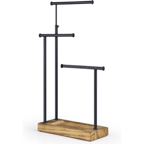 Porte-bijoux, Présentoir de Bijoux, Organisateur de Bijoux Boisée avec 3 Métal Barres, Hauteur réglable 51cm, rotatif, Support à Bijoux pour Colliers, Bracelets, Boucles d'oreilles, Bagues