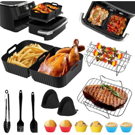 Accessoires air fryer ninja dual 10,4L, 15PCS Accessoires Air Fryer pour Ninja Foodi Double Zone AF500EU, Accessoires pour Friteuse à Air avec Moule Silicone, Grill, grille vapeur, pinceau à huile