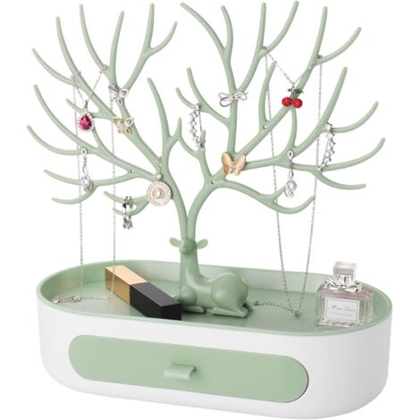Arbre Porte Bijoux avec Tiroirs, Support Arbre Bijoux en Plastique, Présentoir à Bijoux pour Boucles d'Oreilles, Colliers, Bracelets, Montres et Bagues (Vert + Blanc) (1/5)